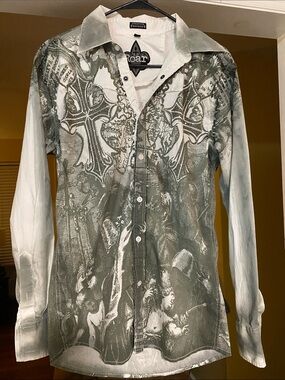 Roar Men's Button-Down Shirt in White and Gray Graphic Print